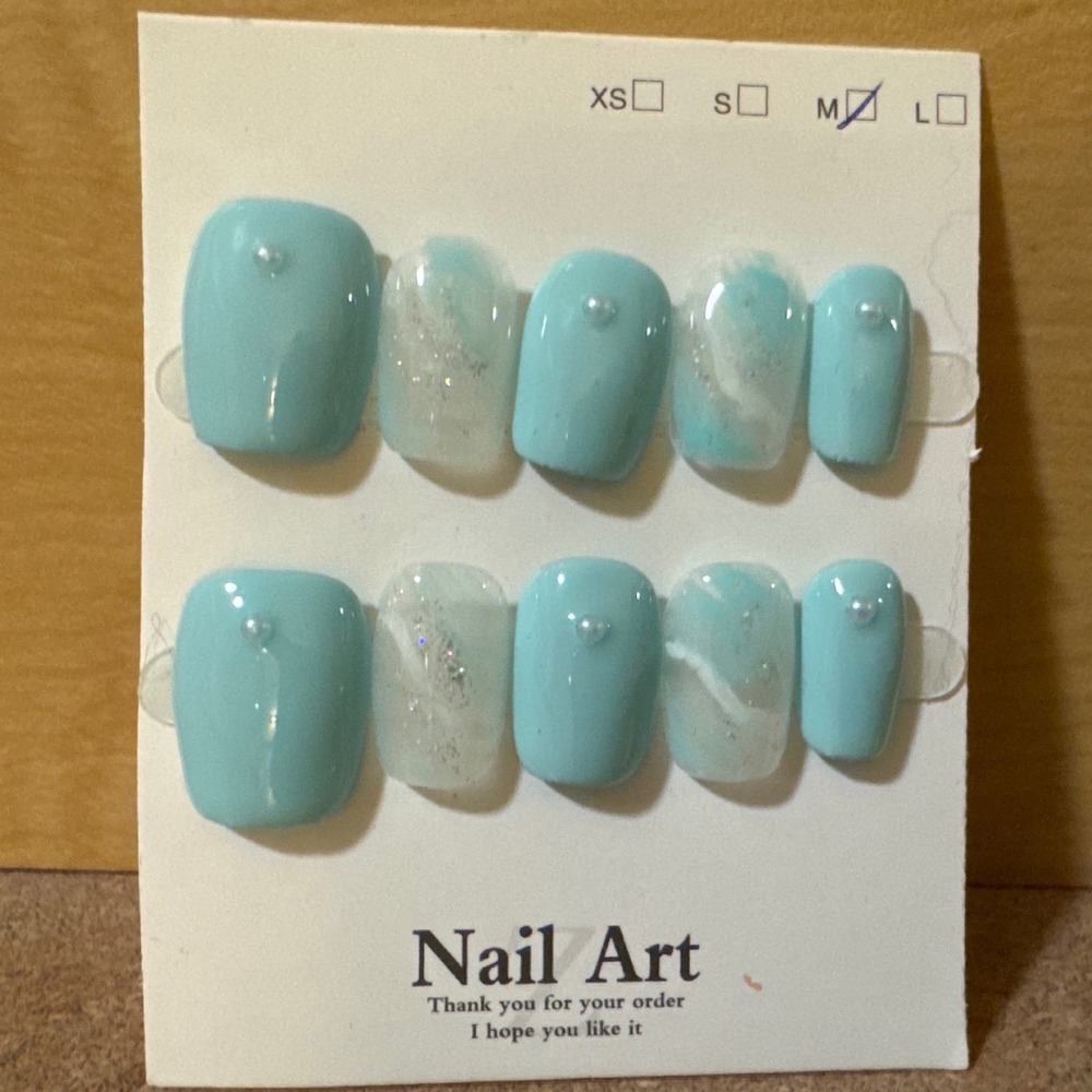 Light Blue Marble Pearl Press On Nails Medium Glossy Glitter Accent Set 10pc